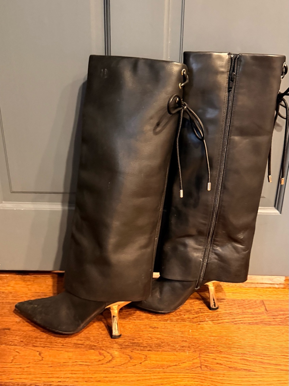 Gianni Bini Black Knee-High Pointed Toe Boots with Gold Stiletto Heel